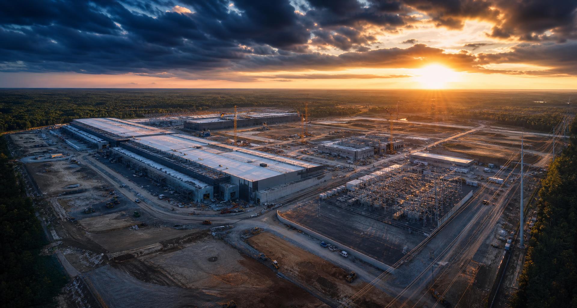 Aerial view of a powered data center campus at dusk with dedicated substation and transmission lines