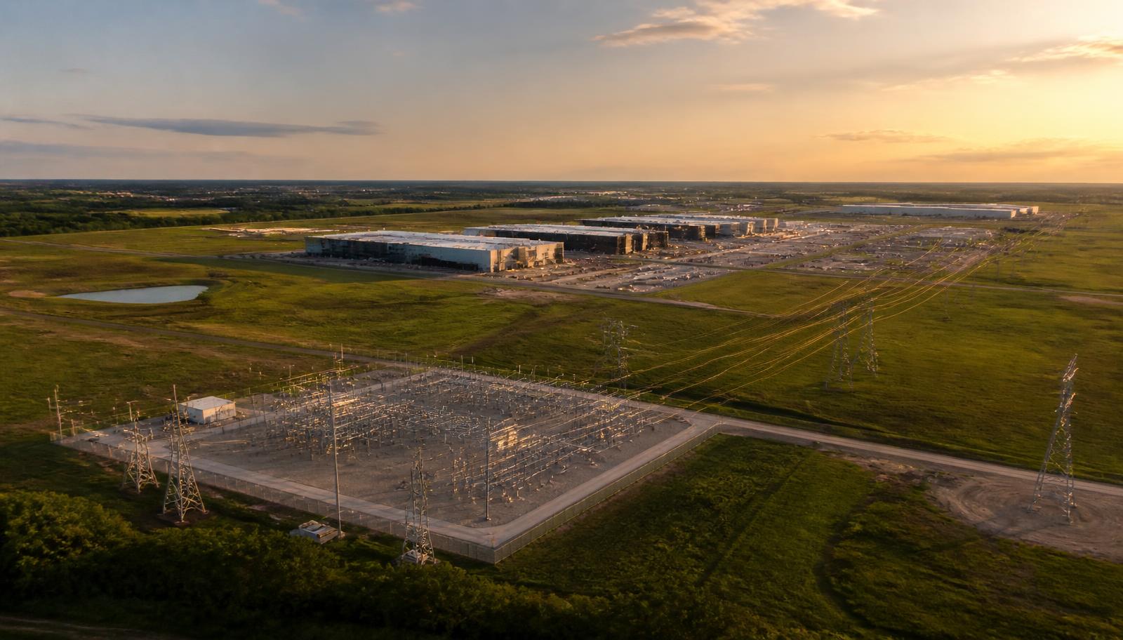 Aerial view of a powered greenfield data center site with a high-voltage substation